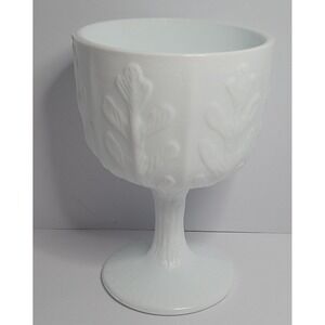 Vintage 1975 FTD Milk Glass Goblet Oak Leaf Pattern Pedestal Vase 6" Tall